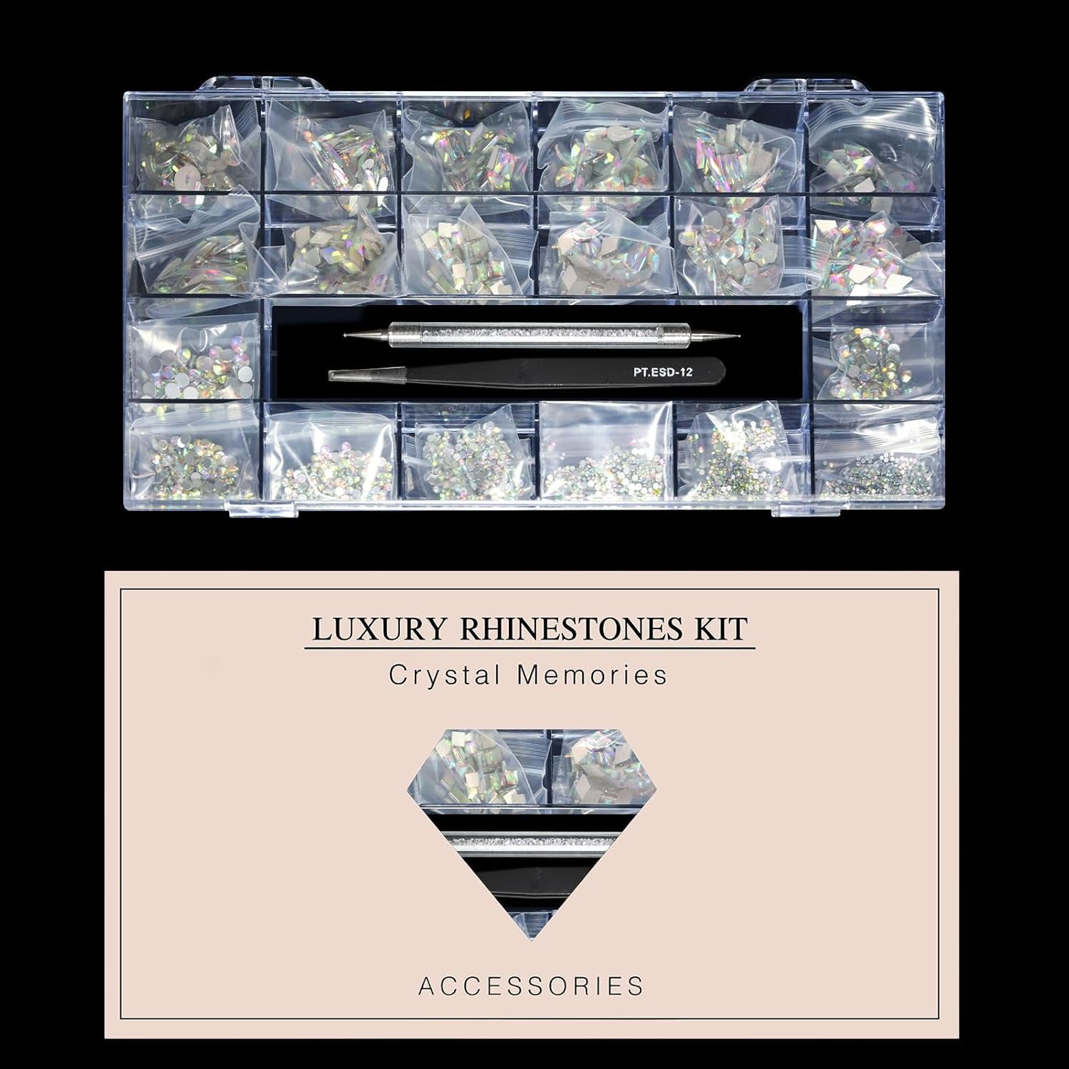 12 Types of 600 Crystal AB Diamonds + 2500 Flat Rhinestones Mix 20 Styles Flatback DIY Crafts Rhinestone Crystals 3D OrnamentS Flat Back Stones Set + Tweezers + Drill Pen