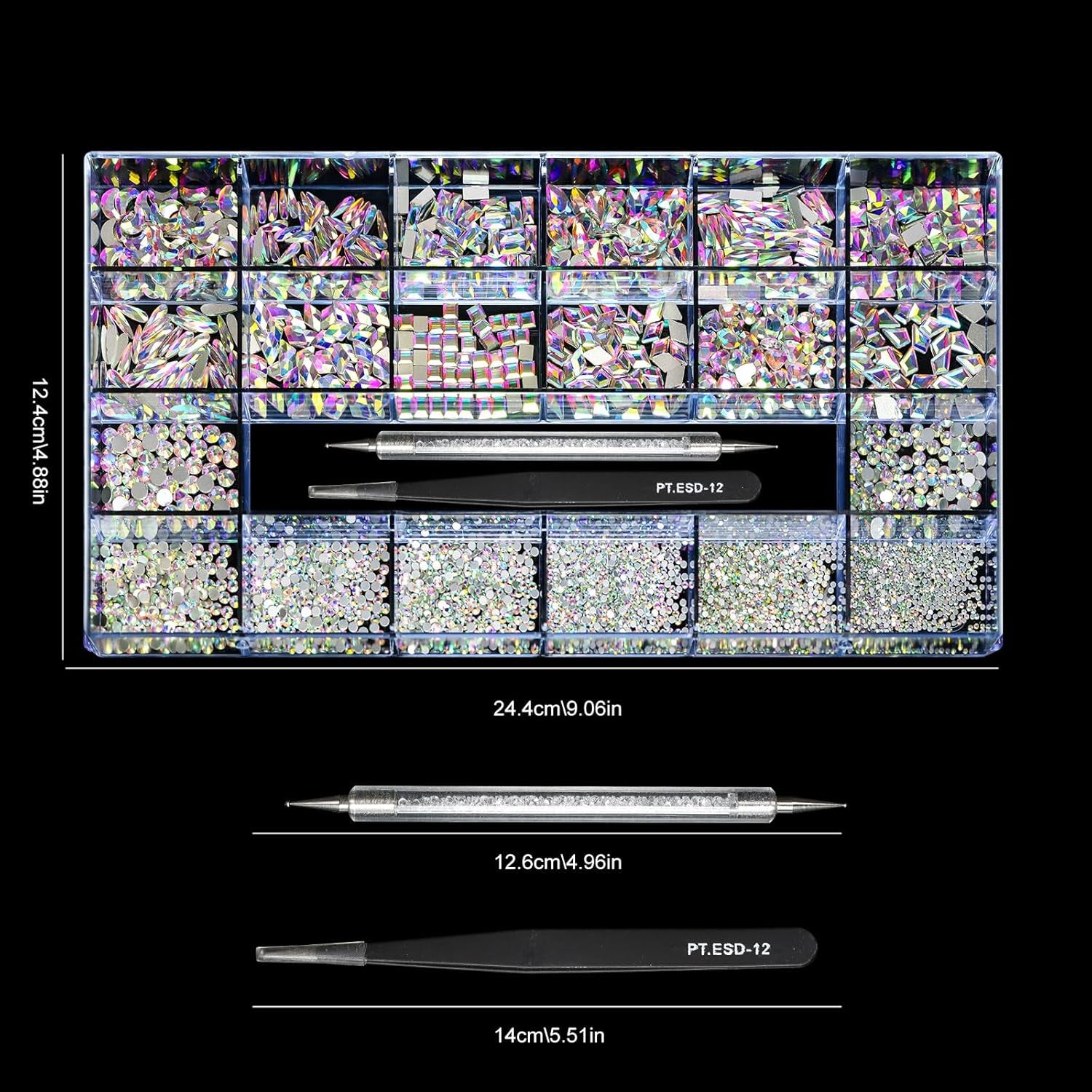 12 Types of 600 Crystal AB Diamonds + 2500 Flat Rhinestones Mix 20 Styles Flatback DIY Crafts Rhinestone Crystals 3D OrnamentS Flat Back Stones Set + Tweezers + Drill Pen